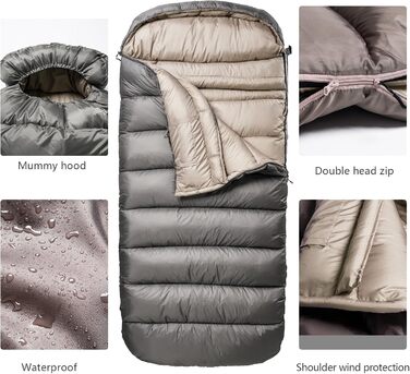 Спальний мішок BISINNA зимовий для дорослих 0°C, XL - великий та широкий, 3,5 кг, для кемпінгу та зимового відпочинку (230x90 см)