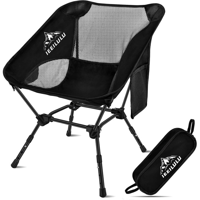 Складний туристичний стілець IEEILULU, 130 кг, чорний. Легкий стілець для кемпінгу, пікніка, риболовлі, відпочинку на природі та подорожей.