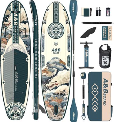 Надувний SUP-борд A&BBOARD з аксесуарами, 335x88 см, для підлітків та дорослих (зелений + дракон)