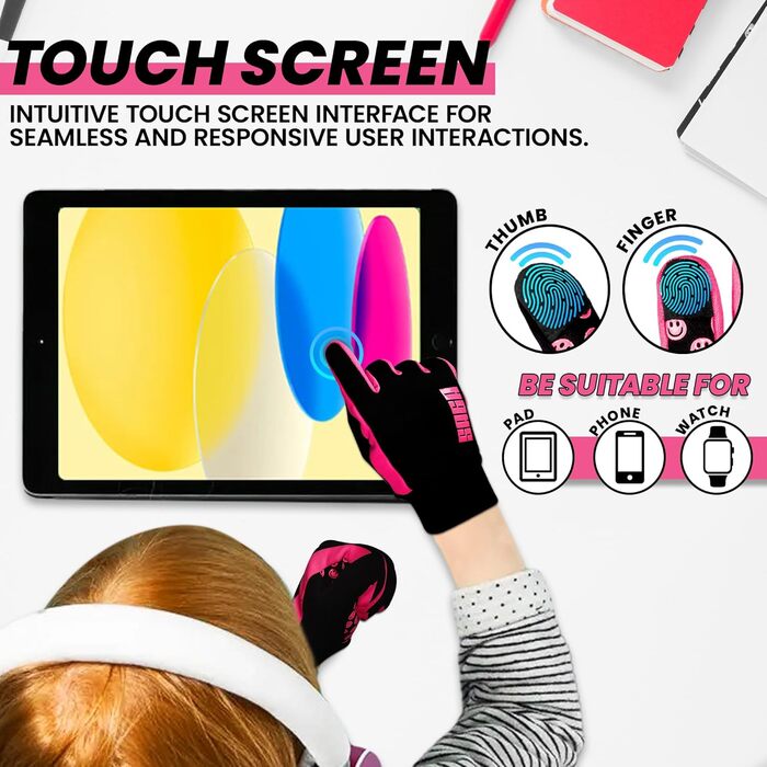 Водонепроникні дитячі рукавички для велосипеда, рукавички для дівчаток та хлопчиків, рукавички з сенсорним екраном для дітей 4-12 років, неслизькі та теплі, спортивні рукавички Softshell розмір Medium [6-8] рожеві