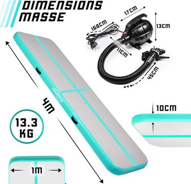 Physionics® Air Matte Track: надувна гімнастична/тренувальна матка (3/4/5/6/7/8 м) з електричним насосом, вибір кольору