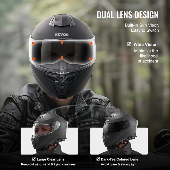 Мотошолом VEVOR інтегральний S, ABS, Bluetooth, змінне скло, DOT, чорний, для підлітків і дорослих