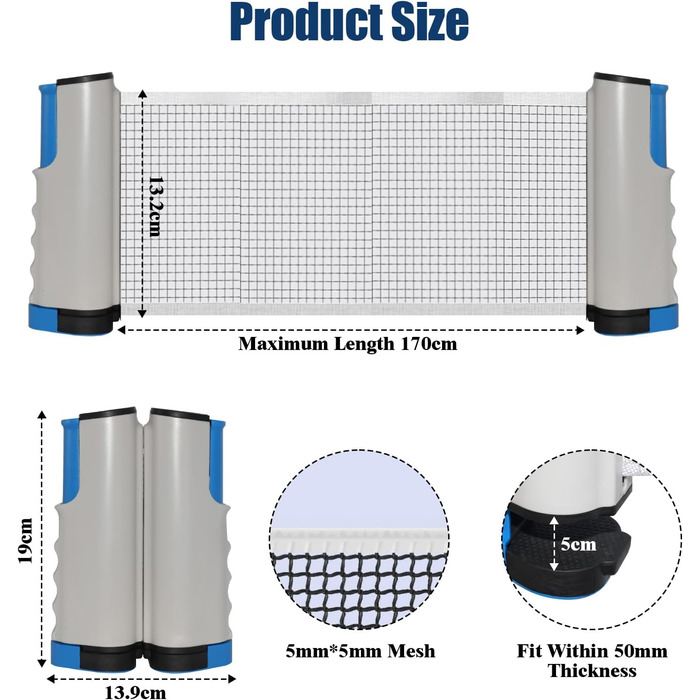 М'ячик для настільного тенісу Dalephoric, висувний, портативний, для гри в приміщенні та на вулиці, довжина до 170 см, сітка для настільного тенісу, офісний стіл, сіро-блакитний