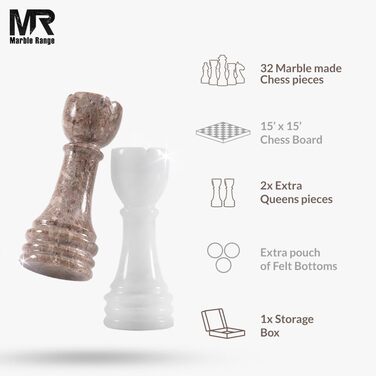 Шаховий набір з мармуру для дорослих, ручної роботи, з ігровим полем Verona & Green Onyx, 32 фігури, 2 додаткові королеви, коробка для зберігання, розкішна подорожна гра, елегантний подарунок для дому (Verona & Green Onyx) (Білий & Океанічний)