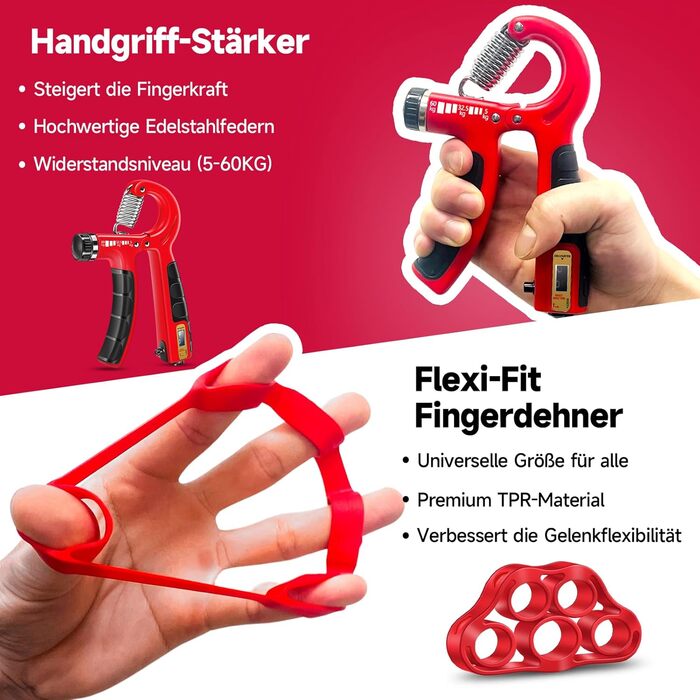 FitBeast Набір для тренування рук (5 шт.): підручники для підручників, фінгердехнери, м'яч для хвата, м'яч для зняття стресу. Колір: бордовий