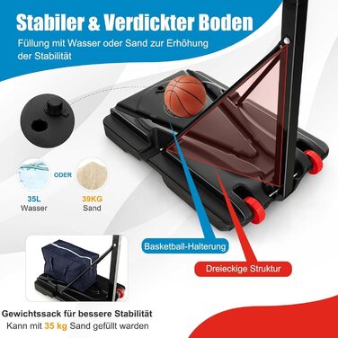 Баскетбольний кошик GOPLUS вуличний з підставкою, регульована висота 105-260 см, портативний на колесах, з м'ячем та насосом для дітей та підлітків