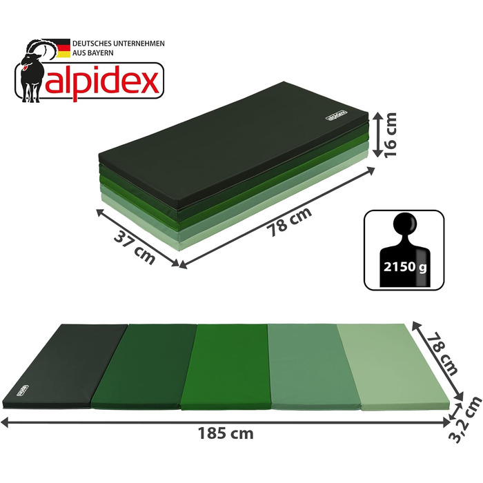 ALPIDEX складний гімнастичний мат 185x78x3,2 см, спортивний мат для дому, дітей і дорослих, чорний