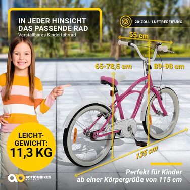 Дитячий велосипед Actionbikes Cruiser 20 дюймів з крилами, дзвіночком і відбивачами, для хлопчиків і дівчаток 6-9 років