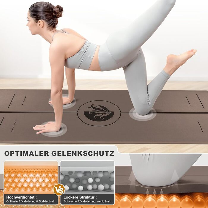 Килимок для йоги та пілатеса з еко-каучуку та TPE, протиковзкий, з лініями розмітки та ременем для перенесення, коричневий, 4мм