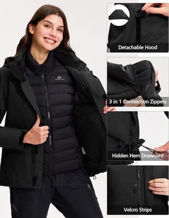 Зимова куртка Pioneer Camp для жінок – 3 в 1, для катання на лижах та сноуборді, водонепроникна, дихаюча, з бавовняною підкладкою (Чорний, L)