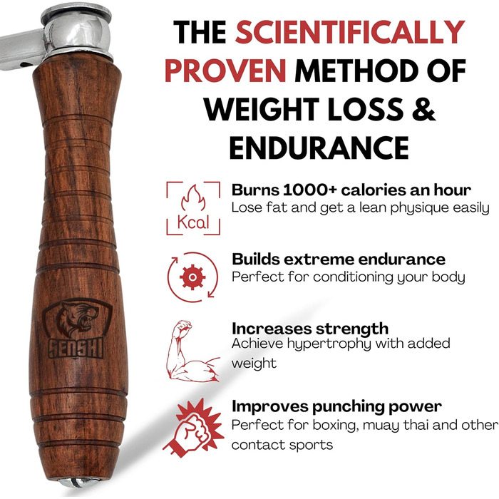 Стрибкова скакалка Senshi Japan з утяженими ручками, анти-втомні ручки, вагова скакалка для чоловіків, жінок та дітей, 600 г – ручки з палісандру