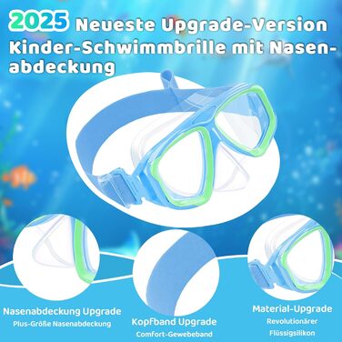 Дитячі окуляри для плавання Vvinca з захистом носа та текстильним ремінцем, ударостійкі, проти запотівання та водонепроникні, для дітей 3–14 років (03-Blue Green)