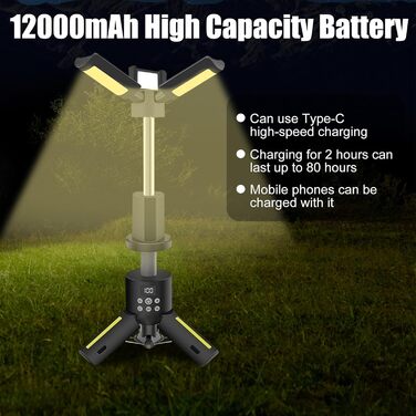 Ліхтар кемпінговий OBEST 12000 mAh LED магнітний з SOS, диммер, портативний акумулятор для походу та будівництва
