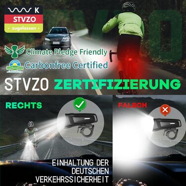 Велофара LED MUPAS 100 LUX, сертифікована StVZO, USB, водонепроникна IPX5, комплект передньої та задньої фари з індикатором заряду, Type-C