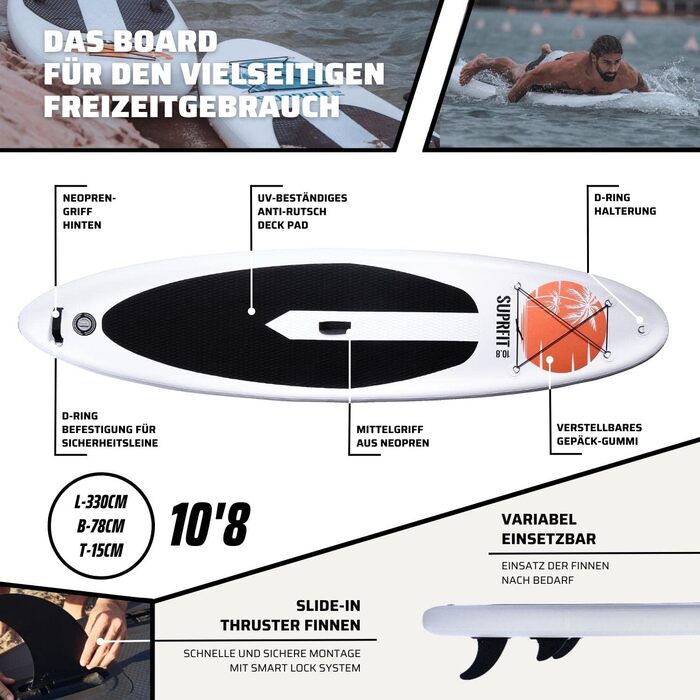 SUPRFIT SUP дошка надувна з веслом, комплект для Stand Up Paddling, до 140 кг, 330x78x15 см, біло-помаранчевий