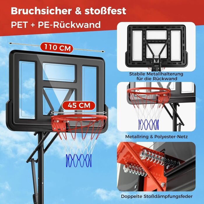 Баскетбольне кільце Gymax вуличне, регульована висота 204-358 см, стійка на колесах, з обтяжувачем, для підлітків та дорослих