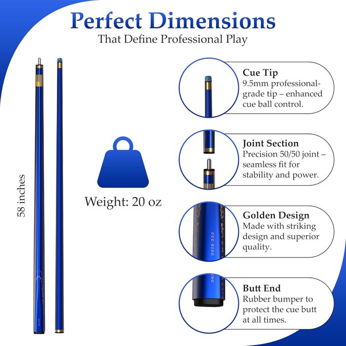 Cue-King Premier Pool-Queue: професійний більярдний кий, 147.3 см, 567 г, з преміум-наконечником 10.5 мм, синього кольору, з чохлом Pro-Leder
