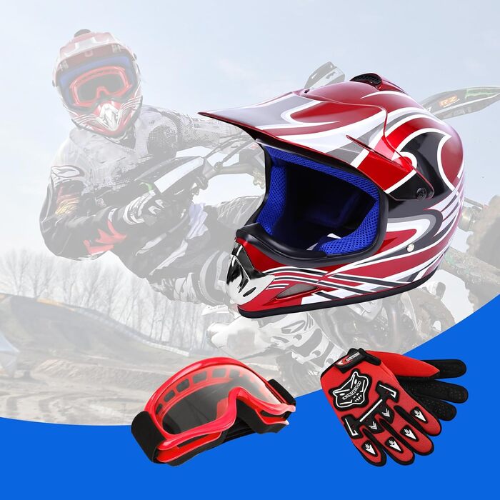 Шолом Samger DOT для дітей та підлітків, Motocross, Off Road, Dirt Bike, ATV, мотоциклетний, комплект з рукавичками та окулярами (L, Червоний)