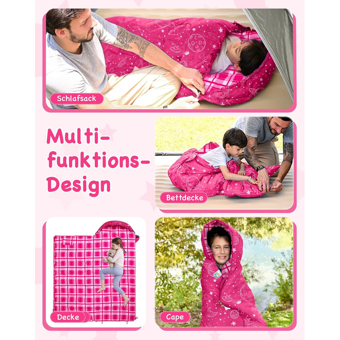 Спальний мішок KingCamp для дітей, фланелевий, легкий, водонепроникний, компактний, зимовий, 4 сезони, для кемпінгу, підходить для дітей до 140 см, комфортна температура: 7°C, рожевий, регульована довжина