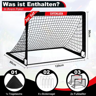 Дитячі футбольні ворота Pop Up, 2 шт. - ідеальні для гри в саду та на вулиці. Чорні, розмір 120x90x90 см, з сумкою для перенесення