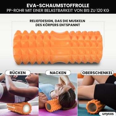 Набір для масажу фасцій Unycos: ролер, стрічка, м'яч, стік, мотузка, сумка | До 120 кг, чорний/оранжевий