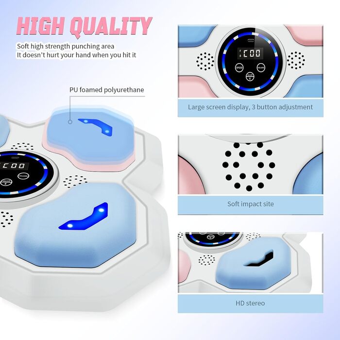 Музичний боксерський тренажер з рукавичками, настінний, Bluetooth, Smart, рожевий/блакитний