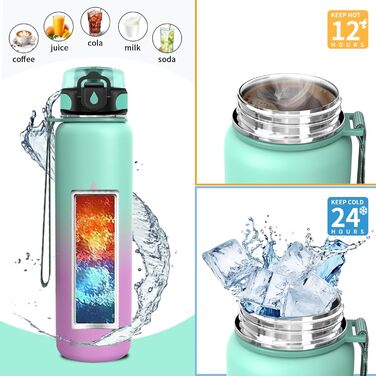 Термос-пляшка Vikaster 500 мл: нержавіюча сталь, без BPA, не протікає, для спорту, велосипеда, подорожей та фітнесу. Чорний & винно-червоний (500 мл, блакитно-зелений & світло-рожевий)