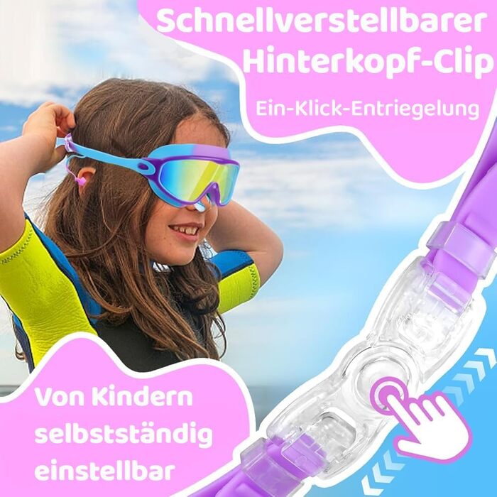 Дитячі окуляри для плавання Vvinca з носовими затискачами, широким кутом огляду, захистом від запотівання та UV-фільтром, водонепроникні, для дітей 3-14 років, рожеві та блакитні