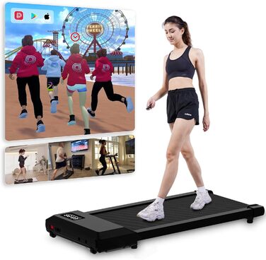 DeerRun Walking Pad Leise 2 в 1: біговий доріжка для дому, максимальне навантаження 136 кг, регульований стіл, керування через додаток з AI, мультиплеєрний режим, чорний, 90 см