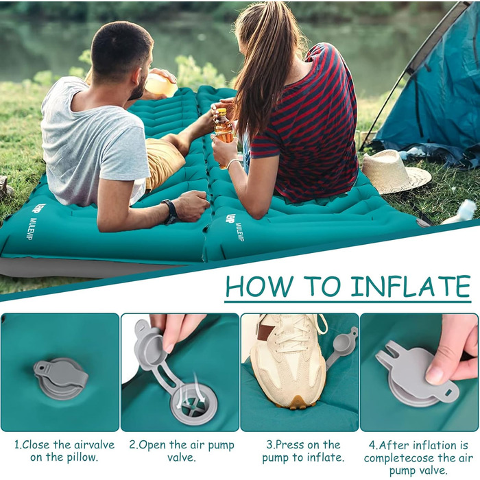 MULEVIP Килимок для кемпінгу з самонадувною подушкою, самонадувний килимок для кемпінгу з помпою для ніг, потовщений, водонепроникний, складаний, для піших прогулянок, подорожей, кемпінгу та пляжу