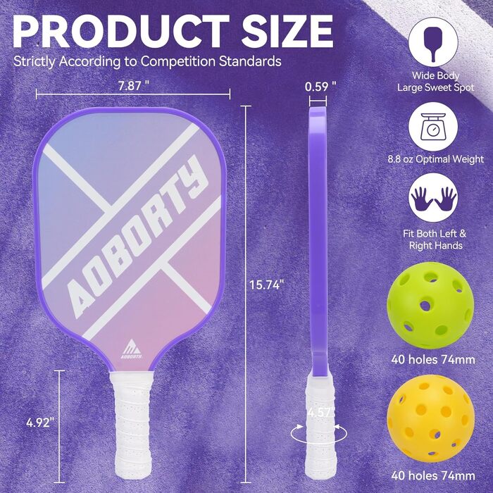 Набір для піклболу: 4 ракетки з графіту, USAPA, преміум-якість, з фацеровою поверхнею та полімерним ядром, 4 м'ячі та сумка, фіолетовий та зелений
