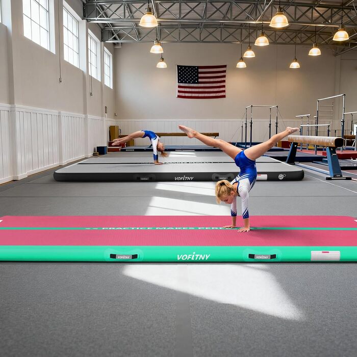 Гімнастичний надувний мат VOFiTNY товщиною 10/20 см для дому, парку, води. Розміри: 3/4/5/6 м. Рожевий/зелений колір.