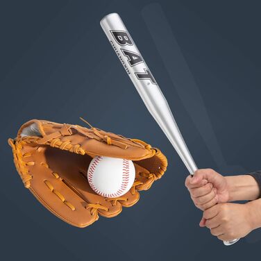 Біта бейсбольна алюмінієва 25'' (63,5 см) з рукавичкою для лівої руки, для софтболу, тренувань, молоді та дорослих, срібляста