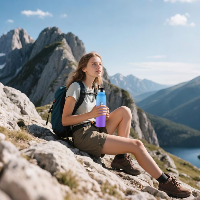 Термос-пляшка 1000 мл, нержавіюча сталь, з соломкою, без BPA, подвійні стінки, для води та газованих напоїв (блакитний & фіолетовий)