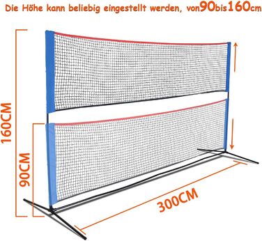 Мережа для бадмінтону Kapler регульована по висоті 90–160 см: мультиспортивна мережа 300x90–160 см для піклболу, волейболу та тенісу, для дітей та дорослих, з 2-ма федерболами та 2-ма тенісними м'ячами, портативна
