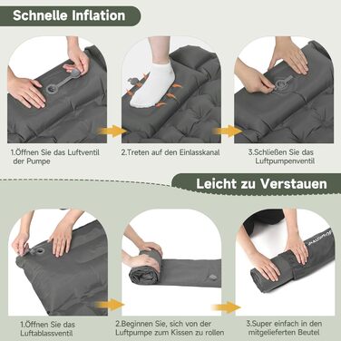 Килимок для кемпінгу HAUSPROFI Isomatte: ультралегкий надувний матрац з насосом та подушкою, для туризму, пляжу, відпочинку на природі (сірий)