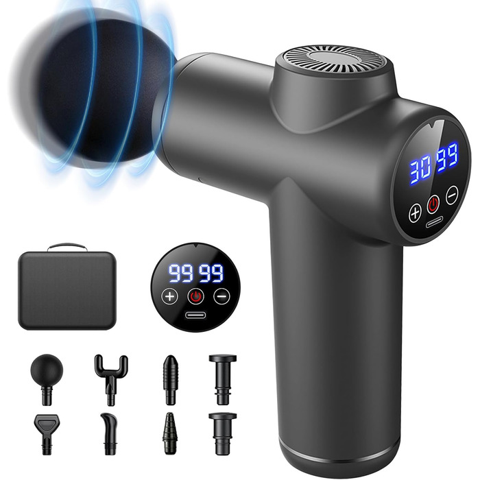 Масажний пістолет Bizcasa з LCD, 99 режимів, 8 насадок, USB-C, 29900 об/хв, для м'язової релаксації, сіра