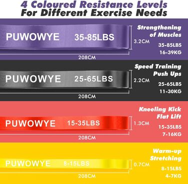 Набір еластичних стрічок для фітнесу з різними рівнями опору, з дверними фіксаторами, ручками, чохлом, сумкою та інструкцією. Стрічки для фітнесу/йоги/силових тренувань для чоловіків та жінок (фіолетовий, чорний, червоний, жовтий)