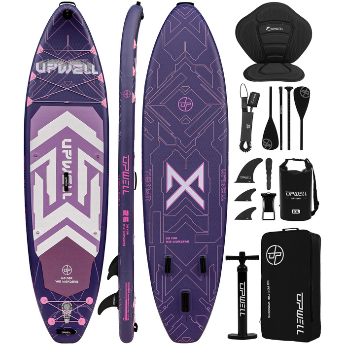 SUP-дошка Upwell 350x89 см з сидінням, надувна дошка для SUP-серфінгу (2+1) для дорослих та підлітків, фіолетова. Комплект: рюкзак, весло, ліш, насос, плавники.
