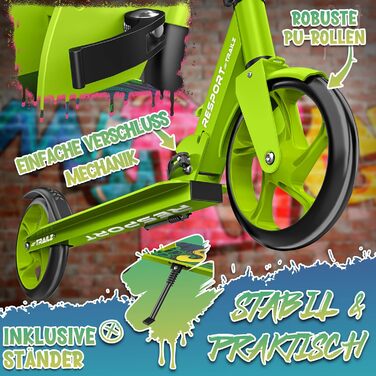 Дитячий та дорослий трюковий самокат Cityroller з дзвіночком та ременем | Регульована висота, складний, до 100 кг | Великі колеса, Kickscooter, Kickroller (Зелений)