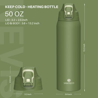 Термофляга SANTECO 1.5л з нековзним замком, нержавіюча сталь, BPA-Free, з чохлом для подорожей та кемпінгу, зелений мох
