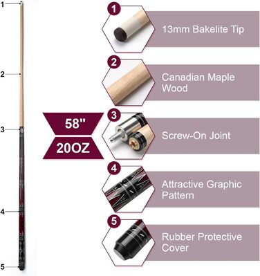 Більярдний кий ASMPCUE 58'' з чохлом з PU шкіри, канадський клен, 13 мм наконечники, для професійних гравців