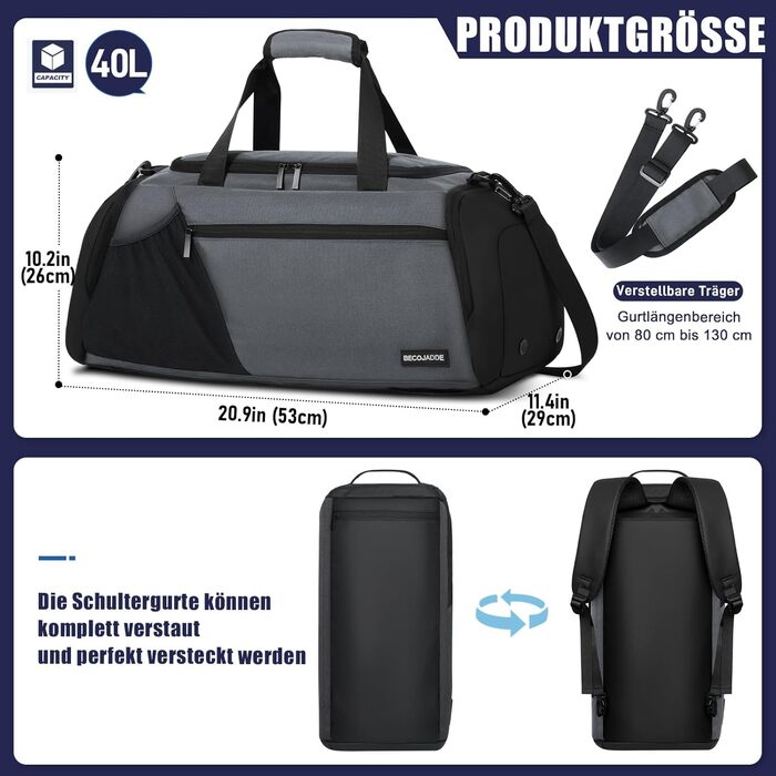 Спортивна сумка для чоловіків 40L, велика, рюкзак-сумка для подорожей, з відділенням для взуття та мокрих речей, водонепроникна, для плеча та ручки, тренувальна сумка, сумка-вікендер сірого кольору