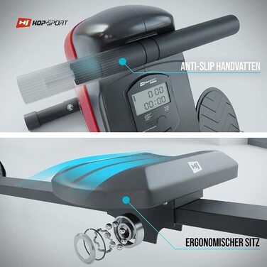 Гребний тренажер Hop-Sport Boost для дому, складаний, з комп'ютером, магнітною системою гальмування, 10 рівнів, кулькопідшипникове сидіння, до 120 кг, червоний