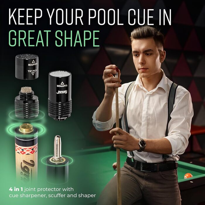 Billard Queue від IgnatGames: професійний бик з канадського клена (18/19/20/21 oz), з чохлом, інструментом для наконечників, рукавичкою та крейдою (590 мл, зелений)