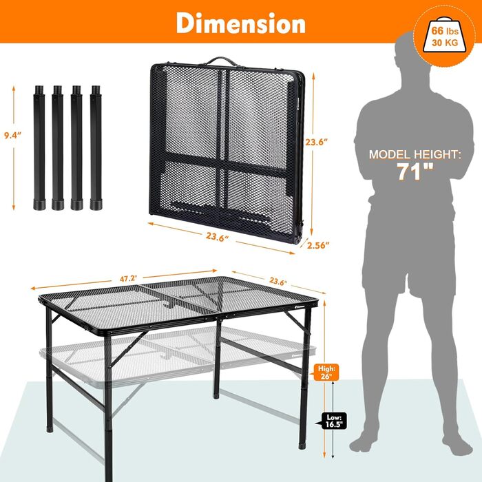 Складаний столик для кемпінгу Eaststorm 60x40 см з металевою сіткою, 2 рівня висоти, для відпочинку на природі, грилю та саду (чорно-сірий, 120x60 см)