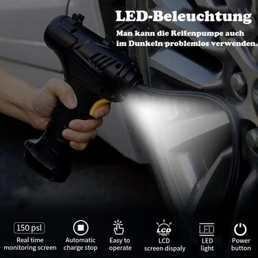 Електричний компресор-насос для авто і велосипеда, 150 PSI, акумуляторний, з цифровим LED-дисплеєм, підсвіткою, акумулятором Li-ion, для всіх велосипедів, мотоциклів та автомобілів