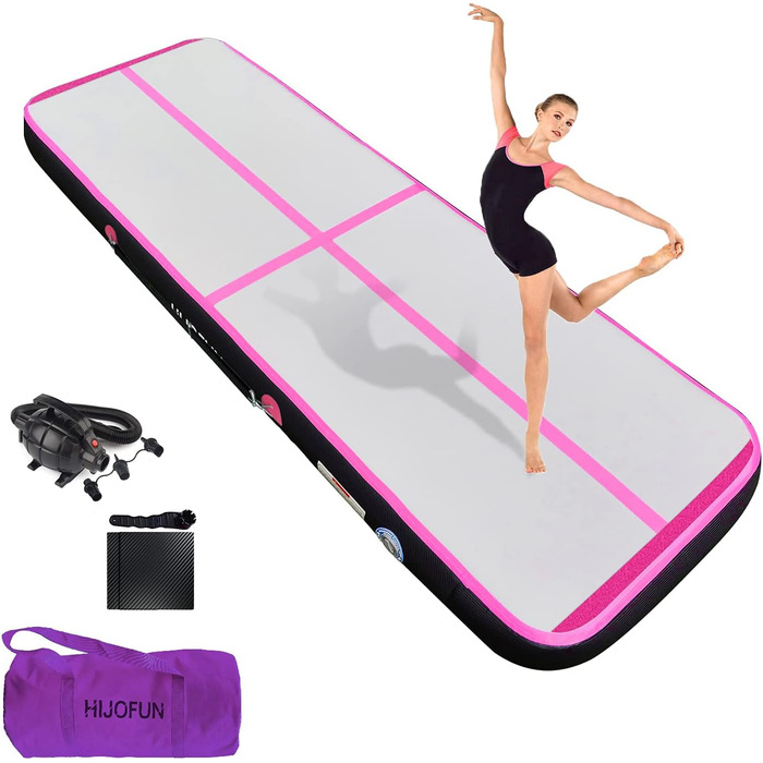 Надувна гімнастична мат для акробатики, 3/4/5/6 метрів, 20 см заввишки. Ідеально для тренувань, йоги, таеквондо, акробатики. Кольори: чорний/рожевий. Розмір: 300х100х20 см