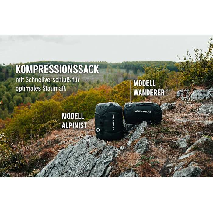 Спальник WANDERFALKE® Premium Alpinist для 3-4 сезонів (+5°C до -10°C), мамі-формат, 480GSM + літній спальник 200GSM для кемпінгу, туризму та подорожей