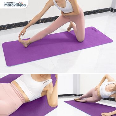 Килимок для гімнастики та йоги LA MENTE ES MARAVILLOSA, антиковзаючий, TPE, 183x61 см, з сумкою та інструкцією, для фітнесу, пілатесу, захист суглобів, фіолетовий + синій